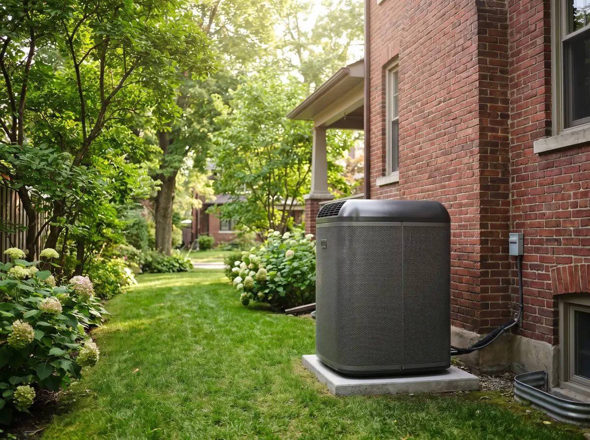 A central air conditioner beside a brick house