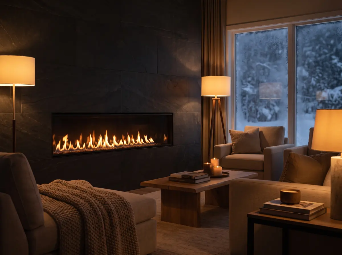A modern gas fireplace glowing in a living room