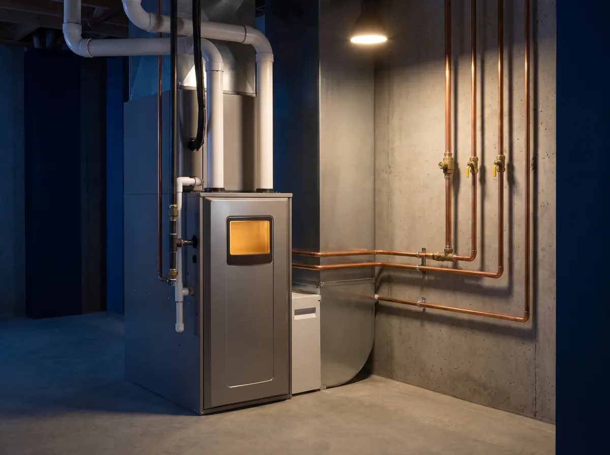 A modern high-efficiency furnace in a clean basement