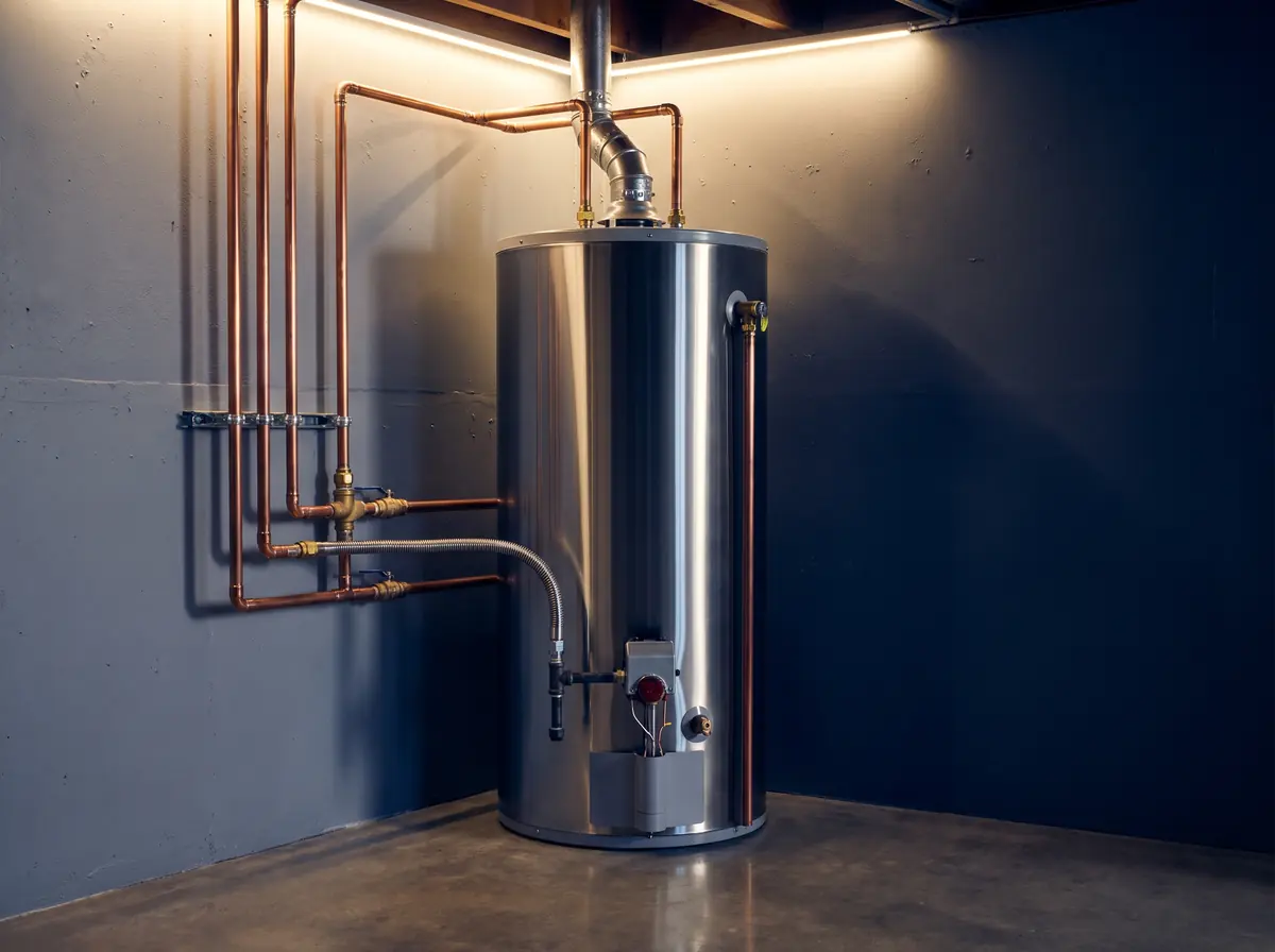 A new gas water heater installed in a basement